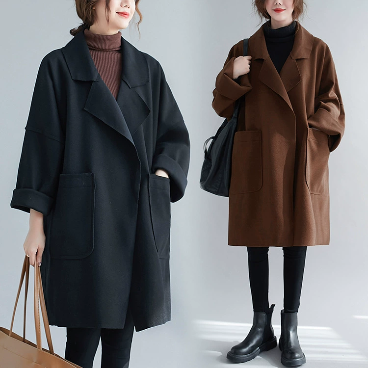 Настоящий выстрел 2021 осень-зима новое однотонное свободное женское пухленькое шерстяное пальто больших размеров для девочек, длинное пальто оптом