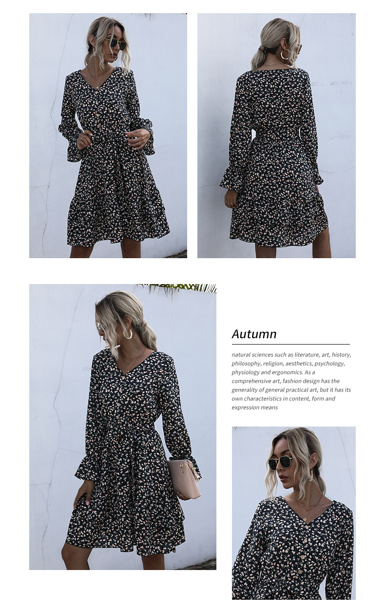 Button Floral Long-Sleeved V-Neck Chiffon Dress NSDMB113770