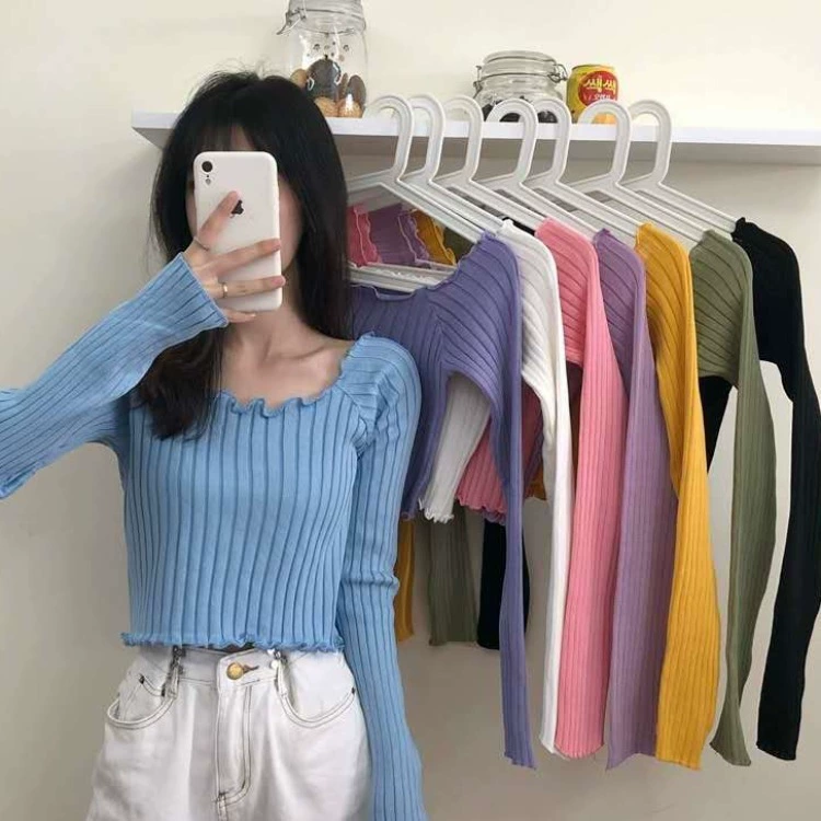 Autumn short knitted thin long-sleeve, 2020, Korean style, loose fit, open shoulders