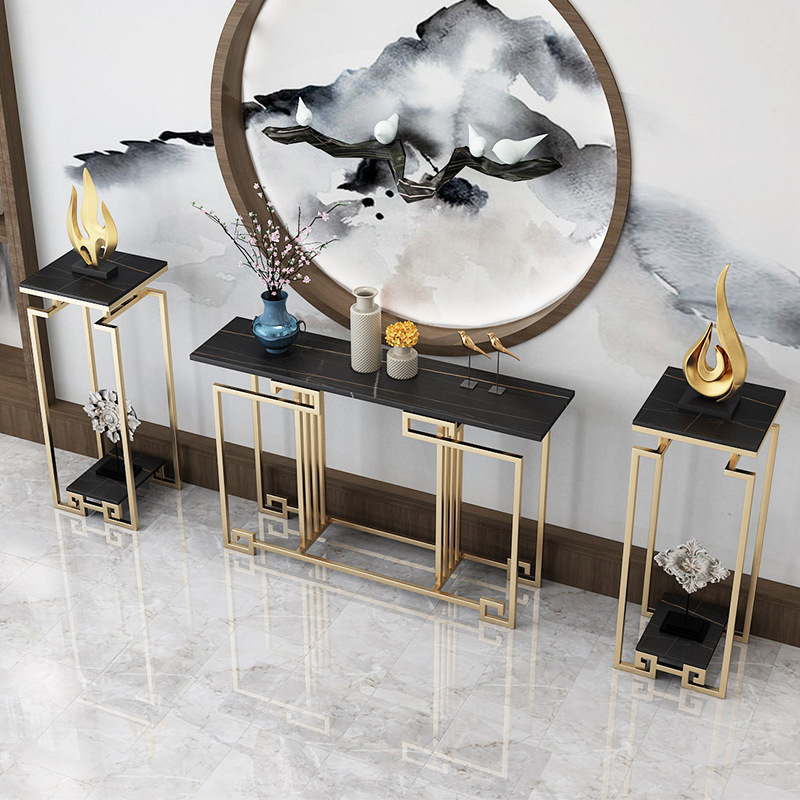 新中式玄关桌轻奢岩板装饰玄关柜客厅端景台大理石玄关花架组合|ms