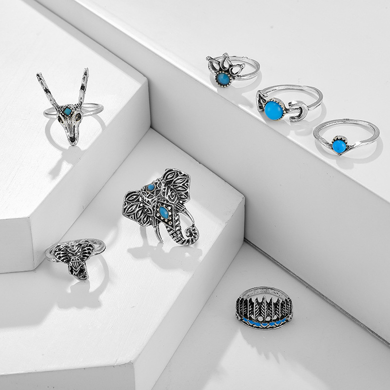 Europäischer Und Amerikanischer Neuer Grenz Überschreiten Der Schmuck Tier Hirschkopf Elefant Ring 7-teiliges Feder Mond Türkis Ring Set display picture 6