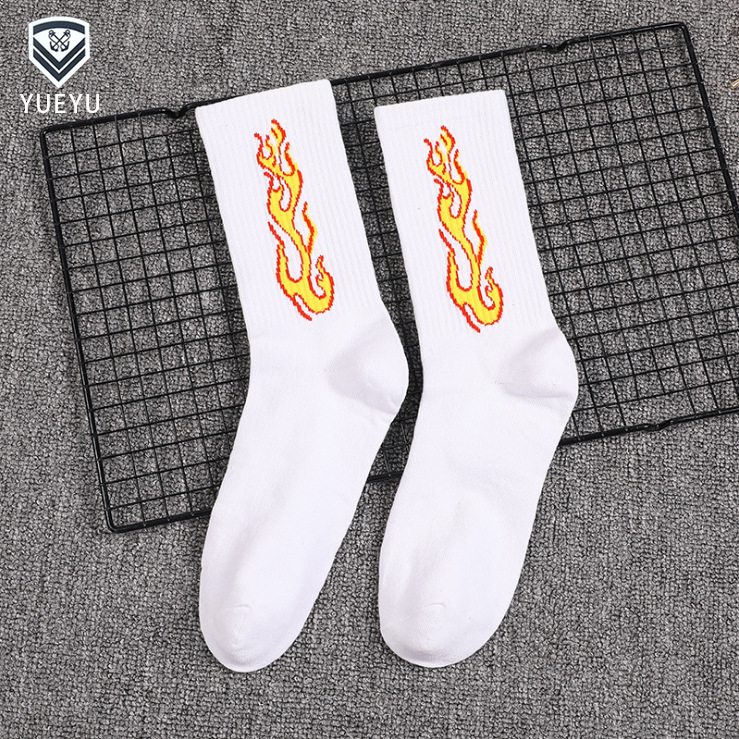 Men's Flame Pattern Crew Socks Japanese Street Style Cotton Sports_voghion.com