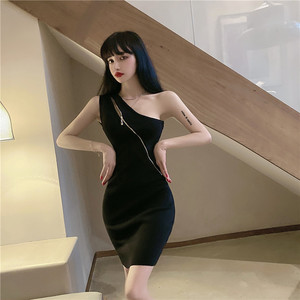 Zipper slant collar low chest open shoulder bag hip skirt knitted skirt bottom skirt single shoulder dress