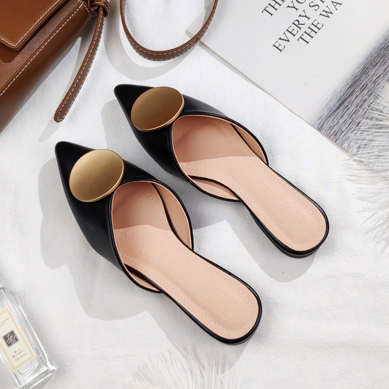 Summer New Baotou Half Drag Sandals Ladies Pointed Toe Flat Bottomed Lazy People Wearing A Pedal Muller Large Size_voghion.com