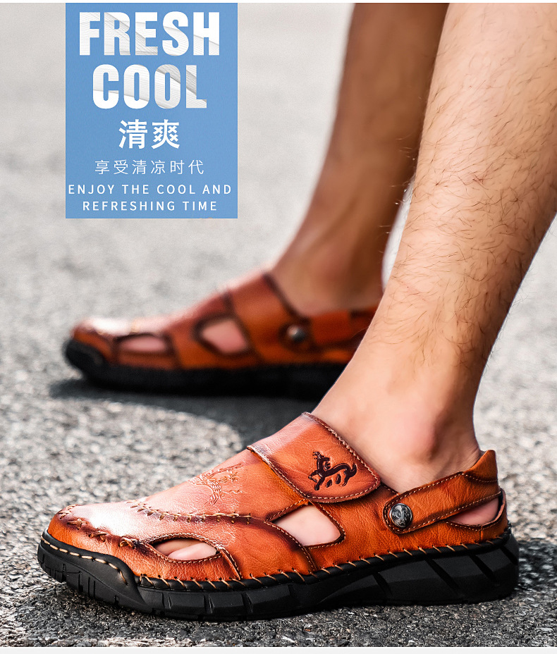 Amazon Spring/Summer men's plus-size sandals, trendy leather beach shoes, flip-flops, plus-size men's shoes, sewn shoes, cross-border Item Picture