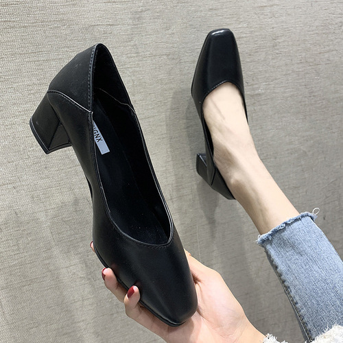  Spring New Two-Wear Single Shoes Women's Shoes Medium Heels Thick Heels High Heels Square Toe Granny Shoes Shallow Mouth Work Shoes