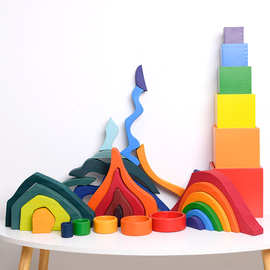 新款木质儿童益智早教叠叠乐玩具实木拱桥形彩虹积木拼版彩虹塔