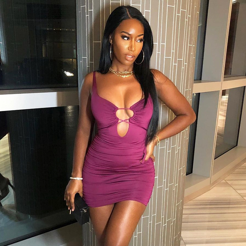 2021春夏新款欧美亚马逊女装性感夜店镂空系带吊带短裙 连衣裙女