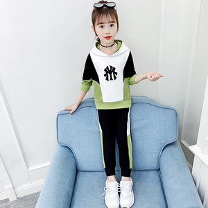 儿童秋装女童网红洋气套装2020新款中大童拼色卫衣秋季运动两件套