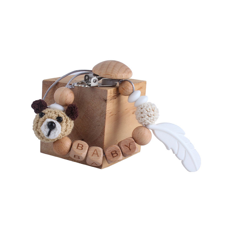 Nueva haya chupete clip bola de lana animal dibujos animados bebé nombre personalizado pluma silicona teether juguete molar