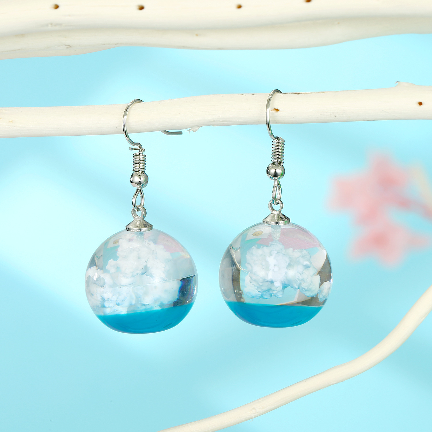 Joyas Aretes Cielo Azul Nube Blanca Pendientes De Bolas Corea Nuevo Starry Bird Pendientes Resina display picture 4