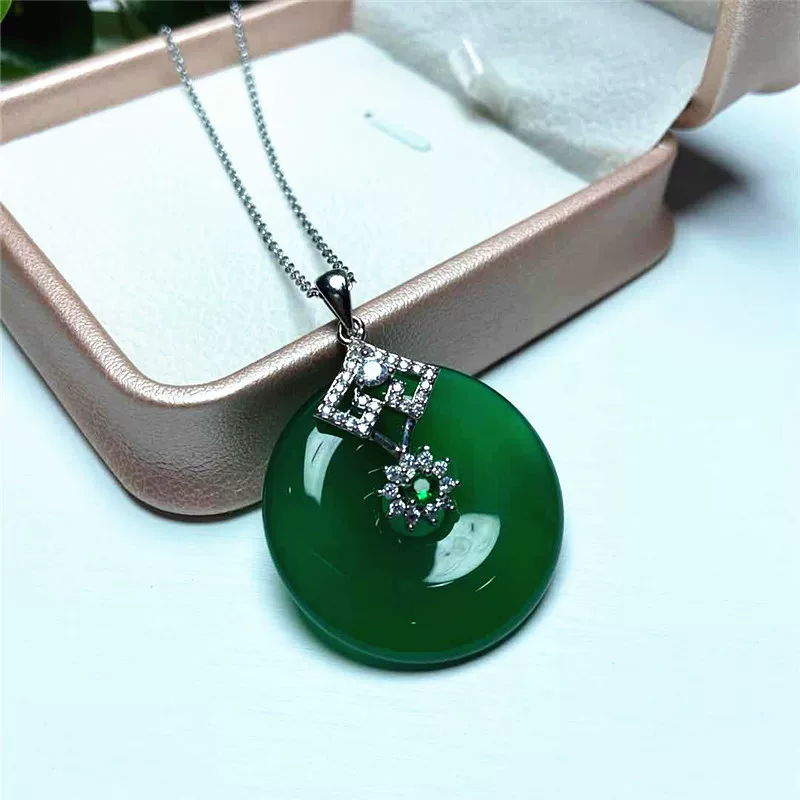 Stone inlay jade, pendant for beloved, chain, silver 925 sample