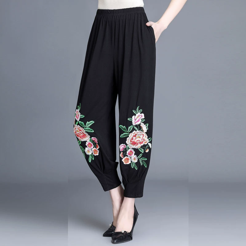 Черные брюки с вышивкой, женские весенне-летние эластичные свободные повседневные Модные шаровары в Корейском стиле для среднего и пожилого возраста, большие размеры