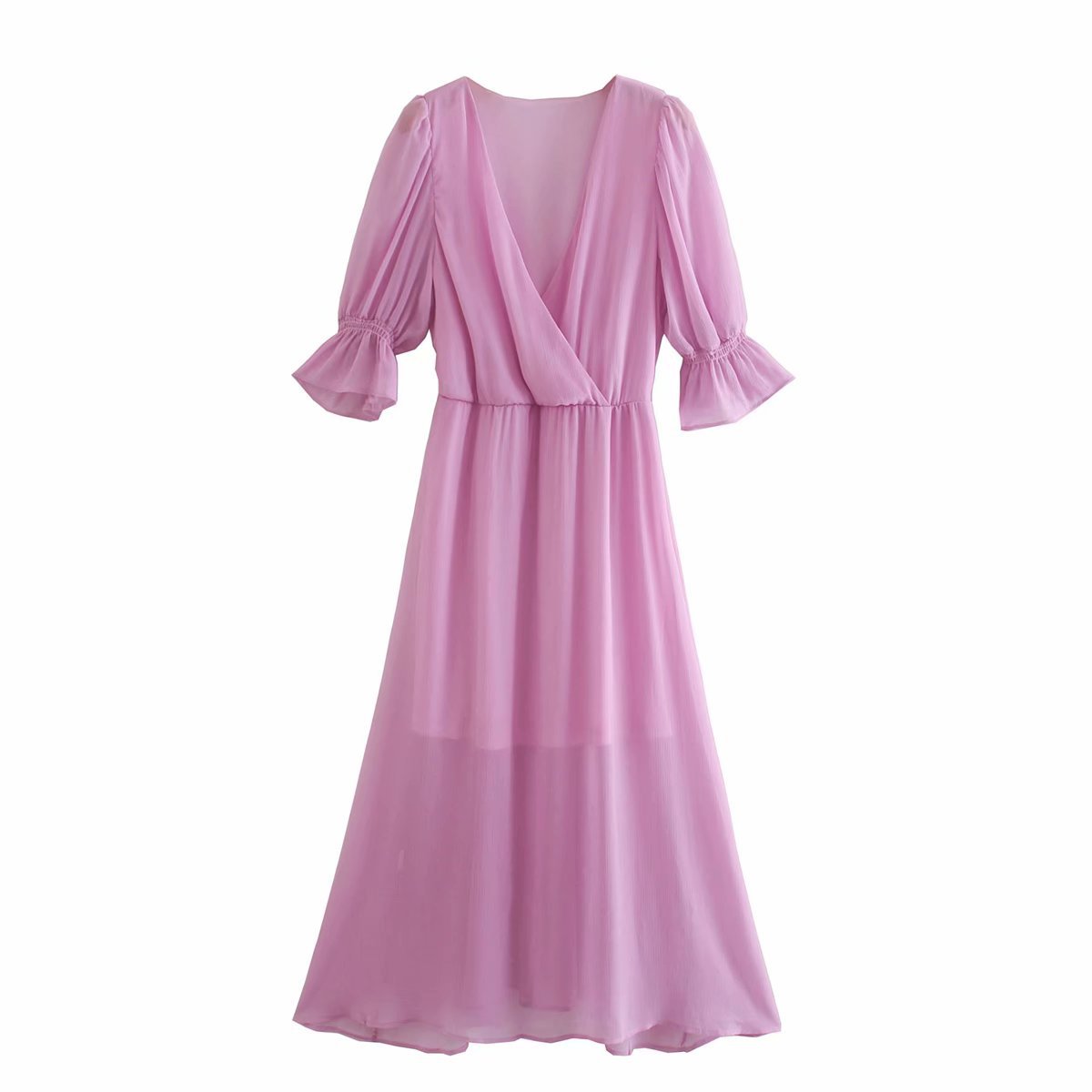  purple puff sleeve V-neck long dress  NSAM4217