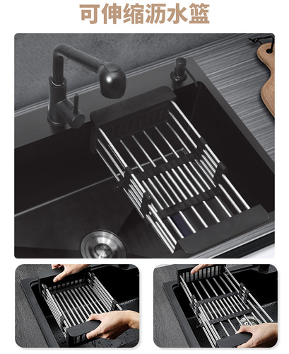Manufacturer wholesale nano black double-bowl 304 stainless steel handmade kitchen sink basin pool set