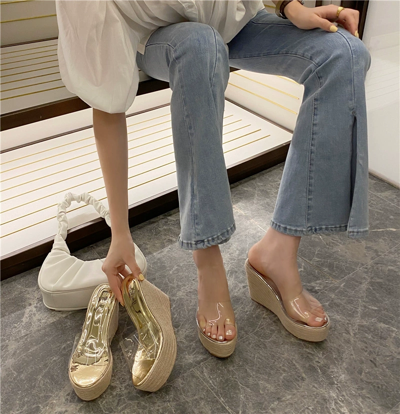 2023 Европейская и американская Fashion Net Red Внешняя торговля представлена пленкой с наклоном каблука толстое дно водонепроницаемые платформа тканые сандалии на высоком каблуке тапочки женские