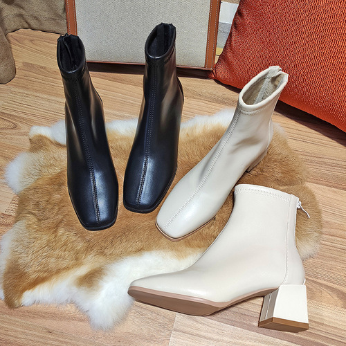 Fuhao Korean style high-heeled short boots for women  new thick-heeled women's leather boots autumn and winter women's shoes fashionable microfiber shoes