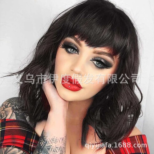 European and American medium-length curly synthetic water wave lace front wig with high-temperature silk braids, women's red wine full wig