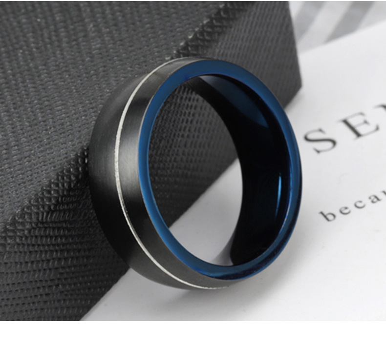 retro simple blue and black twocolor mens stainless steel ringpicture2
