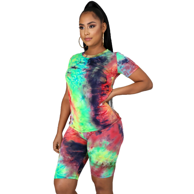 tie-dye round neck short sleeve top & shorts 2-piece sports set NSCYF73126