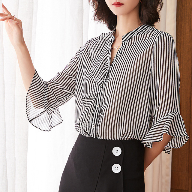 Stripe chiffon blouse women’s short sleeve summer Korean loose Ruffle shirt flare sleeve top