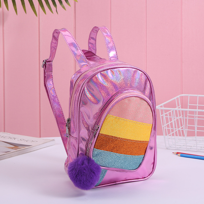 韩版女包镭射双肩包学生潮流运动书包新款时尚毛球个性背包批发详情图4