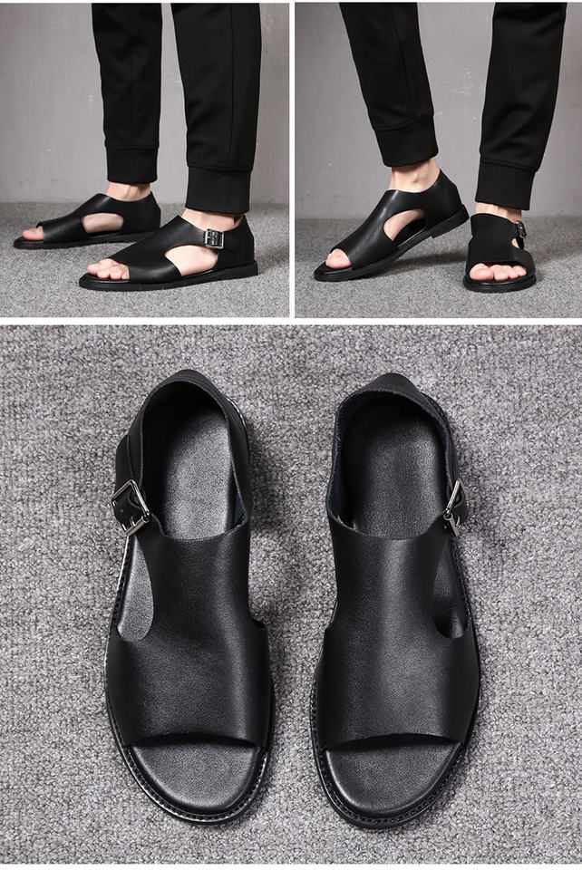 Dép sandal nam quai ngang kiểu La Mã, da bò, hở ngón, đế mềm thoáng khí — Màu đen chi tiết 8