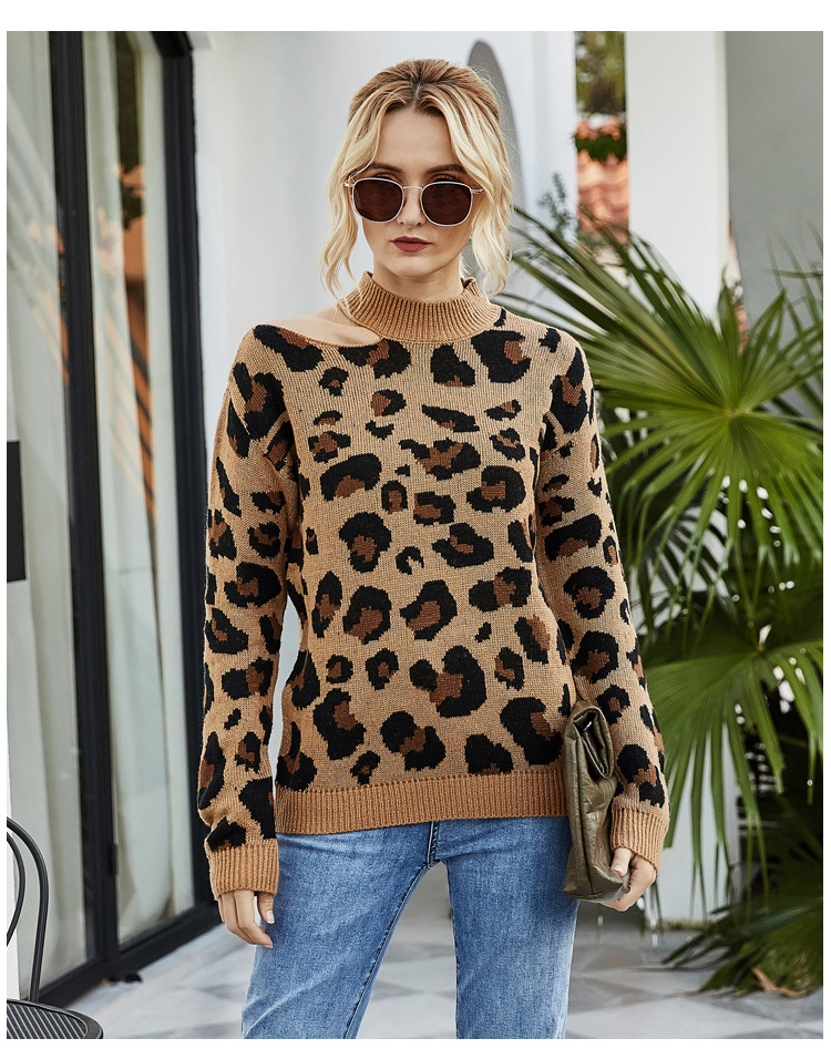 women s round neck sexy looped pullover Slim round neck leopard print long-sleeved sweater NSYH7111