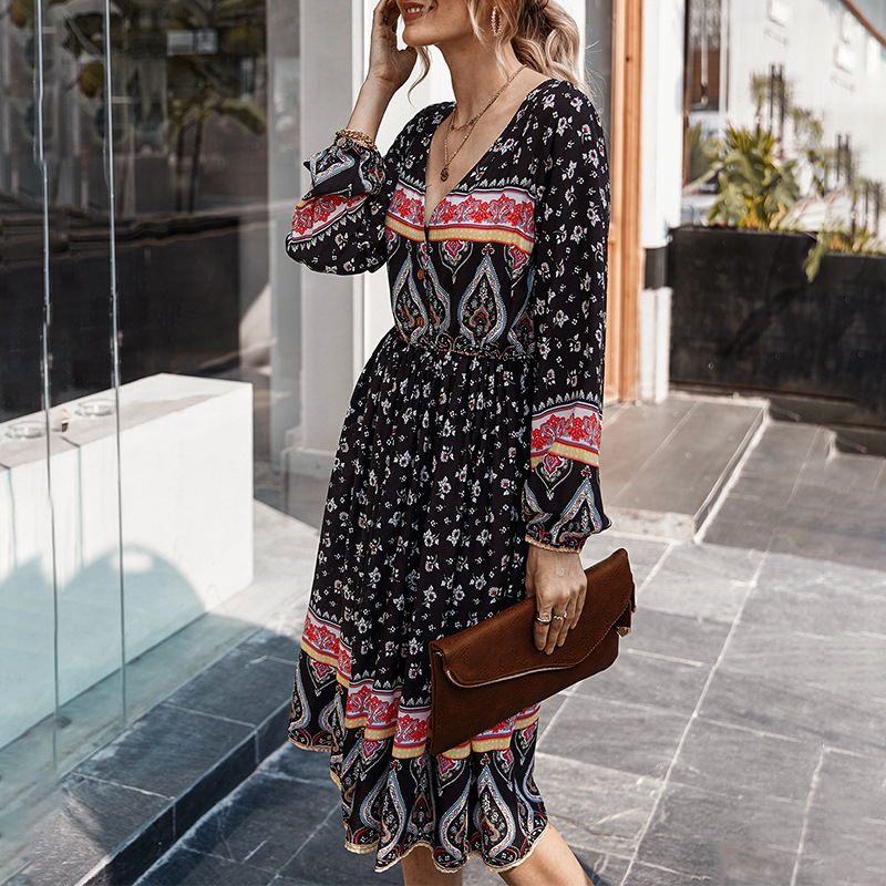bohemian holiday style spring and summer new long-sleeved printed dress NSKA1050