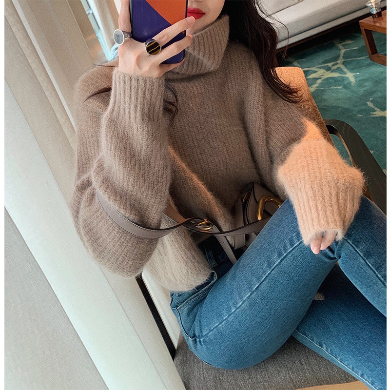 新款秋冬浣熊毛女士宽松短款高领加厚套头针织打底慵懒风毛衣上衣