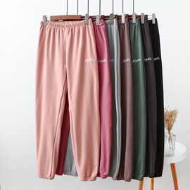 秋冬新款米德绒竖纹灯笼裤刺绣字母收脚口裤子韩版居家保暖宅宅裤