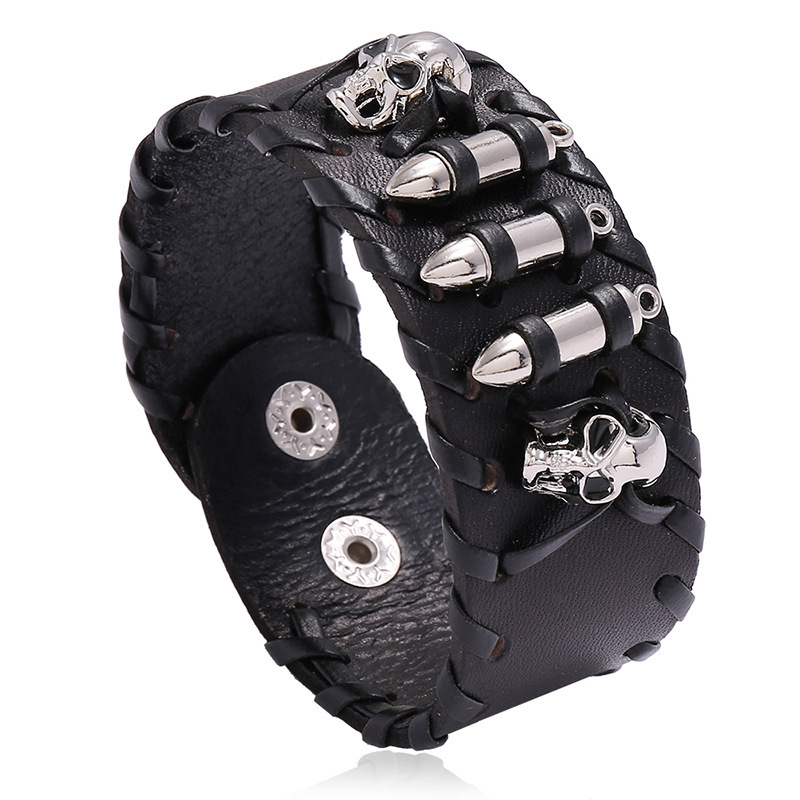 European and American punk style cowhide bracelet personalized trendy men's motorcycle jewelry skull leather bracelet cross-border e-commerce supply