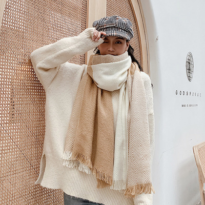 歐美外貿新款秋冬韓版女士仿羊絨拼色菱形格子亮絲圍巾披肩兩用