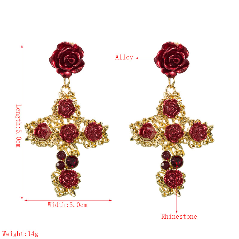 S925 Silver Needle Retro Cross Alloy Inlaid Rhinestone Rose Earrings display picture 1