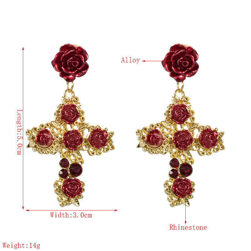 S925 Argent Aiguille Rétro Croix Alliage Incrusté De Strass Rose Boucles D&#39;oreilles display picture 1