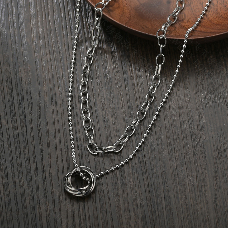 New Titanium Steel Retro Trendy  Double Ring Row Pendant Necklace For Women display picture 4