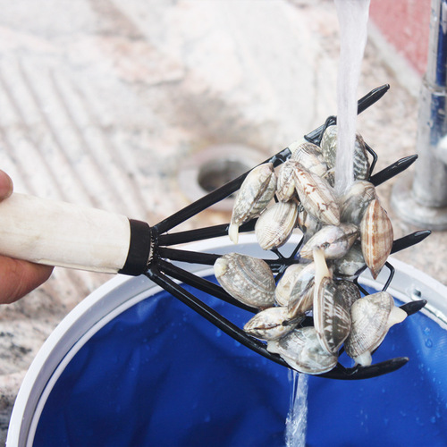 Rake the sea with a net to catch snails, oysters and shells, rake with a net, rake into the sea to dig for seafood, rake to dig for clams with a wooden handle