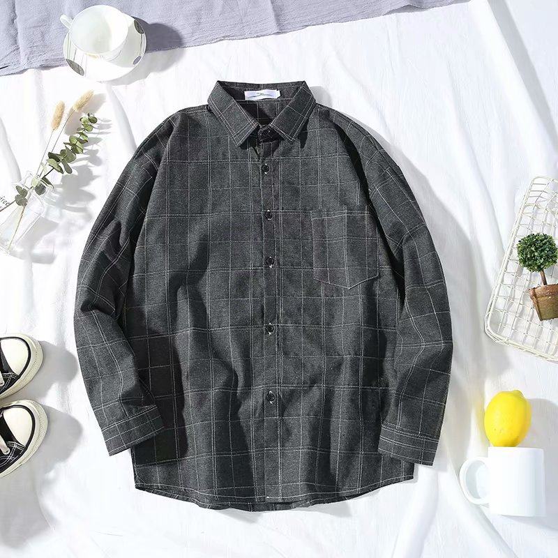 2020 camisa a cuadros de manga larga de estilo coreano de los hombres slim fit juventud moda guapo camisa pareja casual Camisa delgada