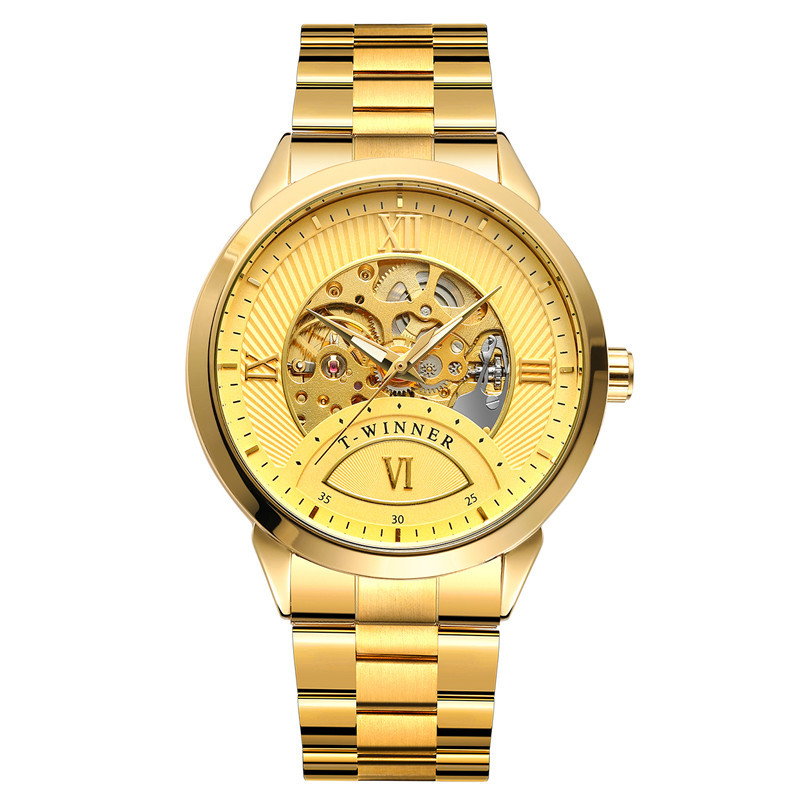 Winner8183 reloj mecánico automático para hombres reloj mecánico de negocios correa de acero reloj mecánico de fondo transparente hueco