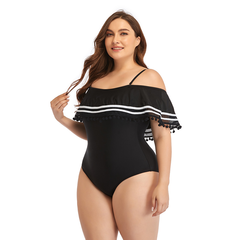 plus size sling one-word shoulder slim color matching one-piece swimsuit NSYDS122072