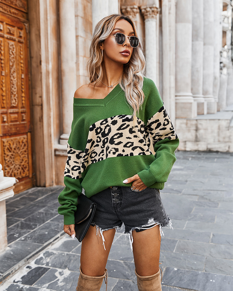 Autumn Winter Women’s Simple V-neck Color-block Leopard-print Sweater