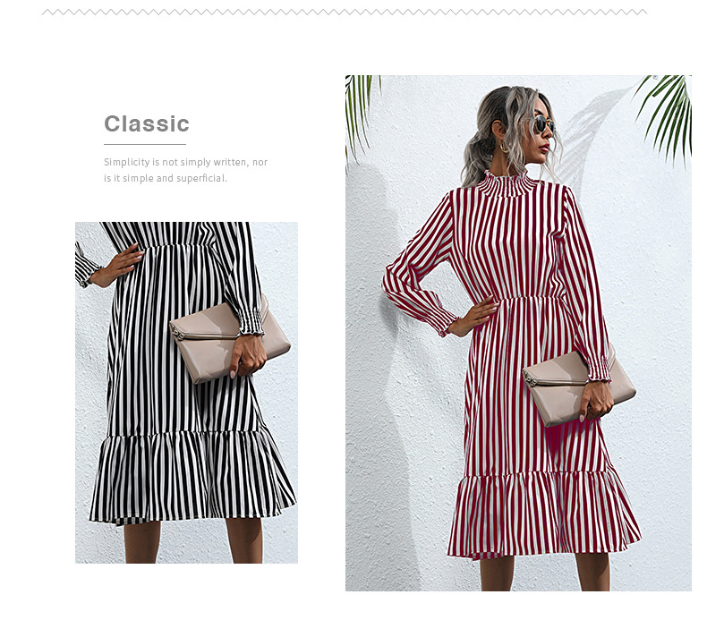 women s mid - length vertical stripe high collar dress nihaostyles wholesale clothing NSDMB79589