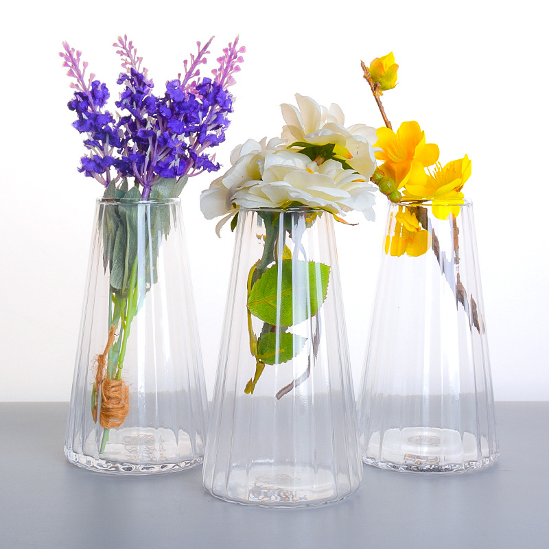 北欧简约竖棱玻璃花瓶 透明水培花器折纸插花瓶客厅家居装饰摆件