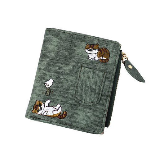 Jeans style wallet cat embroidered canvas pattern large capacity buckle can hold mobile phone pocket decoration women's bag