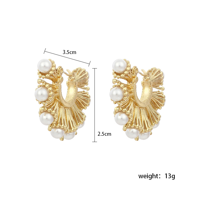 Exaggerated Niche Fan-shaped Bucklow Pearl Retro Golden Earrings For Women Nihaojewelry display picture 1