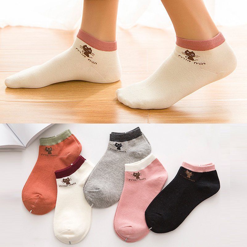 5 pairs Socks Four seasons Versatile Boat socks kitten Plain colour Daughter Students socks