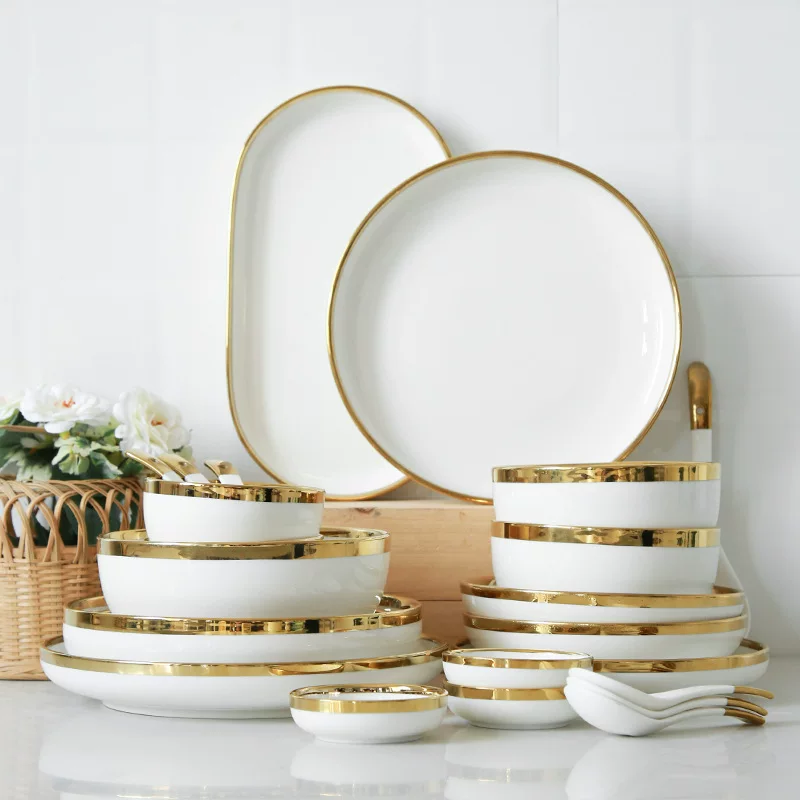Ceramic Tableware Set, Light Luxury Pearl White with Gold Rim, Multiple Sizes