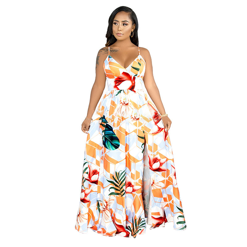 floral print low-cut sling beach long dress NSHBG123066