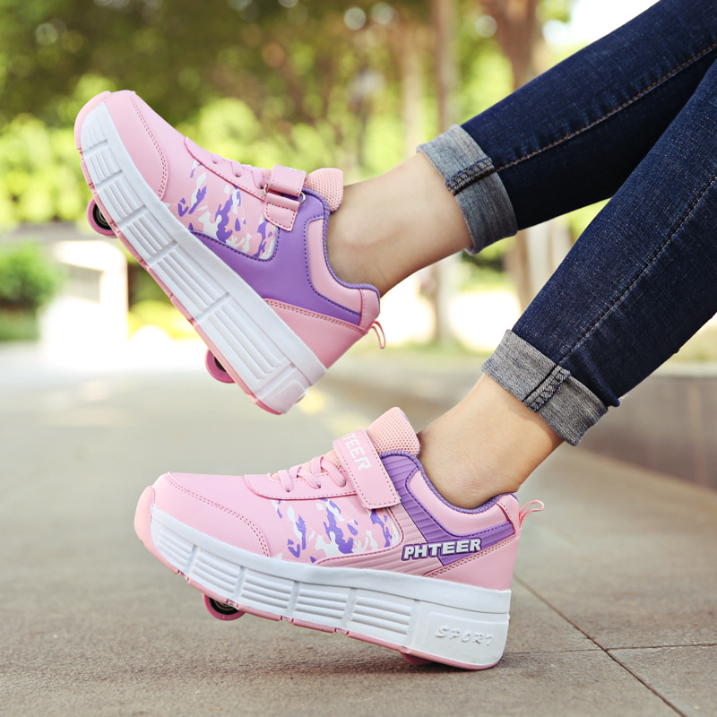 跨境代发成人暴走鞋儿童双轮溜冰鞋男女童童鞋爆走鞋隐形按钮单轮