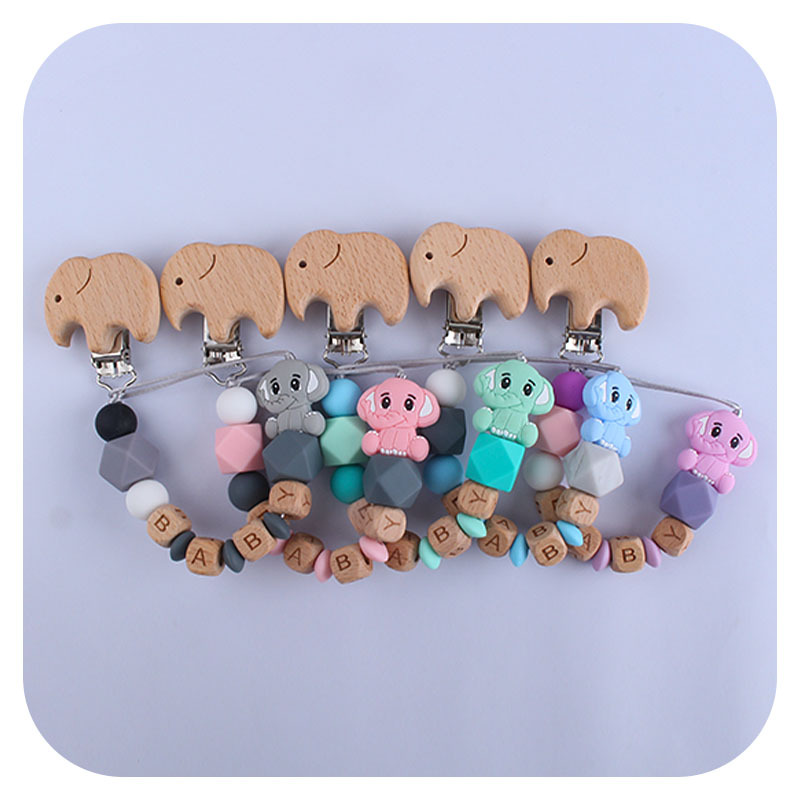 New Beech elefante chupete clip Beech carta bebé nombre elefante silicona mordedor molar juguete